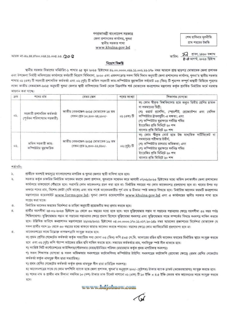 Khulna Dc office Job Circular 2023 