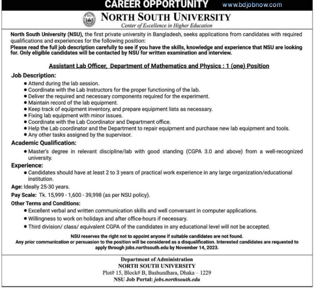 North south university Job Circular 2023